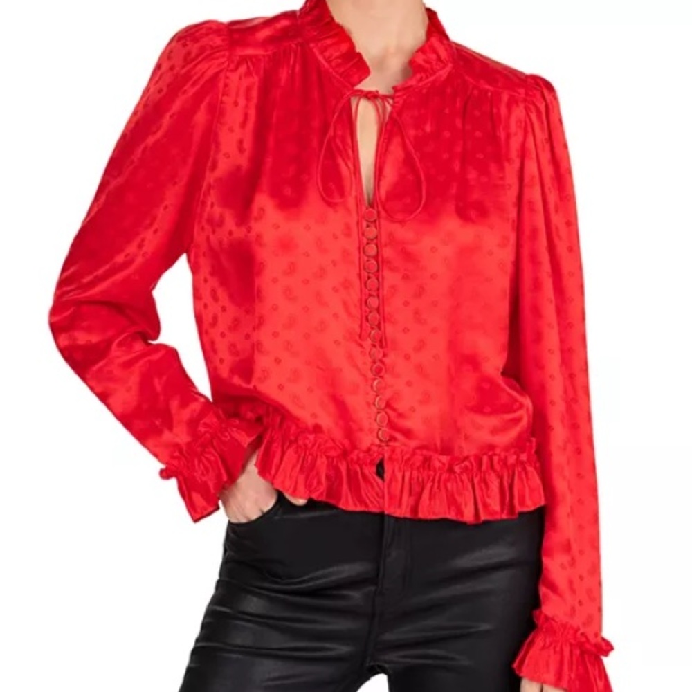 The Kooples Red Delicate Paisley Ruffled Long Sleeve Blouse